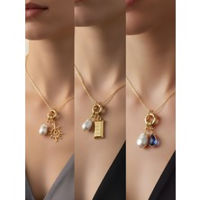 NKT Collection Mavi Damla Güneş Külçe Altın Incili Kolye