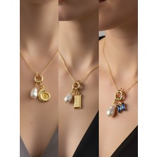 NKT Collection Mavi Kelebek Deniz Kabuğu Külçe Altın Incili Kolye