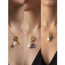 NKT Collection Mavi Damla Zümrüt Yeşili Kelebek Kalpli Zarf Incili Kolye