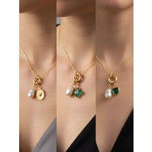 NKT Collection Zümrüt Yeşili Kalp Zümrüt Yeşili Yıldız Kabartma Kalp Incili Kolye