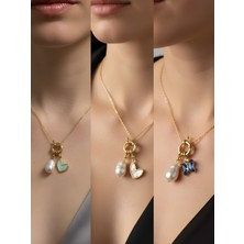 NKT Collection Mavi Kelebek Beyaz Kalp Turkuaz Kalp Incili Kolye