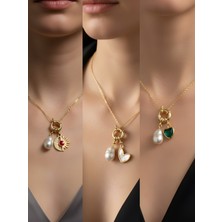 NKT Collection Zümrüt Yeşili Kalp Beyaz Kalp Kalpli Zarf Incili Kolye