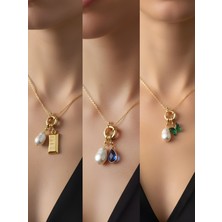 NKT Collection Mavi Damla Zümrüt Yeşili Kelebek Külçe Altın Incili Kolye