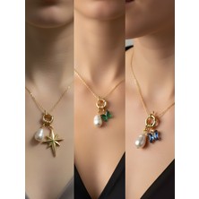 NKT Collection Mavi Kelebek Zümrüt Yeşili Kelebek Kutup Yıldızı Incili Kolye