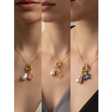 NKT Collection Mavi Kelebek Güneş Pembe Yonca Incili Kolye