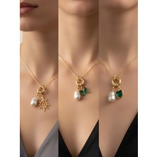 NKT Collection Zümrüt Yeşili Kalp Zümrüt Yeşili Kelebek Güneş Incili Kolye
