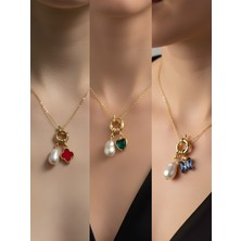 NKT Collection Zümrüt Yeşili Kalp Mavi Kelebek Kırmızı Yonca Incili Kolye