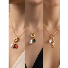 NKT Collection Deniz Atı Zümrüt Yeşili Kalp Kırmızı Damla Incili Kolye