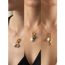 NKT Collection Deniz Atı Zümrüt Yeşili Kelebek Siyah Yonca Incili Kolye