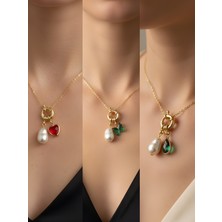 NKT Collection Kırmızı Kalp Zümrüt Yeşili Kelebek Zümrüt Yeşili Damla Incili Kolye
