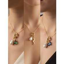 NKT Collection Deniz Atı Mavi Kelebek Zümrüt Yeşili Damla Incili Kolye