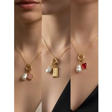 NKT Collection Kırmızı Kalp Külçe Altın Pembe Yonca Incili Kolye