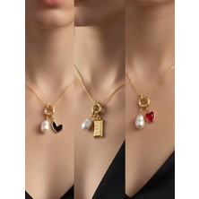 NKT Collection Kırmızı Kalp Siyah Kalp Külçe Altın Incili Kolye