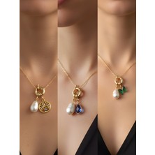 NKT Collection Mavi Damla Zümrüt Yeşili Kelebek Hayat Ağacı Incili Kolye