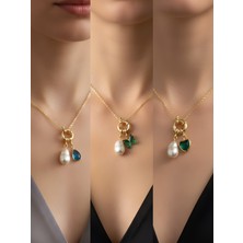 NKT Collection Zümrüt Yeşili Kalp Zümrüt Yeşili Kelebek Turkuaz Damla Incili Kolye