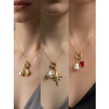 NKT Collection Kırmızı Kalp Midye Kutup Yıldızı Incili Kolye