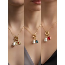 NKT Collection Kırmızı Kalp Turkuaz Damla Kalpli Zarf Incili Kolye