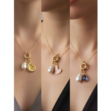 NKT Collection Mavi Damla Pembe Kalp Deniz Kabuğu Incili Kolye