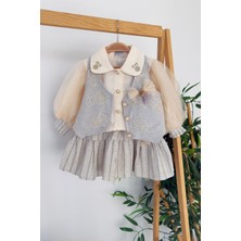 Miniğimin Cicileri Vintage Nakış Detaylı Yelekli Kız Çocuk Elbise Takımı - Gri