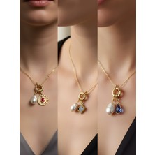 NKT Collection Mavi Damla Siyah Yonca Ay Güneş Incili Kolye