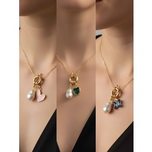 NKT Collection Zümrüt Yeşili Kalp Mavi Kelebek Pembe Kalp Incili Kolye