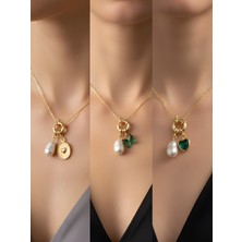 NKT Collection Zümrüt Yeşili Kalp Zümrüt Yeşili Kelebek Kabartma Kalp Incili Kolye