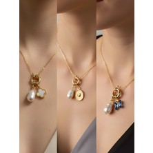 NKT Collection Mavi Kelebek Kabartma Kalp Beyaz Yonca Incili Kolye