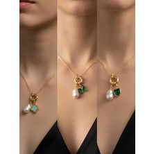 NKT Collection Zümrüt Yeşili Kalp Zümrüt Yeşili Kelebek Turkuaz Yonca Incili Kolye