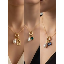 NKT Collection Zümrüt Yeşili Kalp Mavi Kelebek Kaktüs Incili Kolye