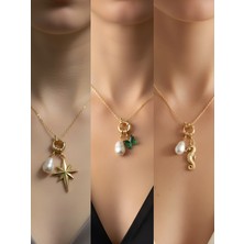 NKT Collection Deniz Atı Zümrüt Yeşili Kelebek Kutup Yıldızı Incili Kolye