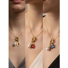 NKT Collection Mavi Kelebek Kırmızı Damla Ay Güneş Incili Kolye