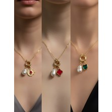 NKT Collection Zümrüt Yeşili Kalp Kırmızı Yonca Ay Güneş Incili Kolye