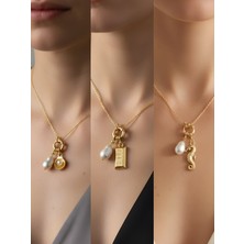NKT Collection Deniz Atı Külçe Altın Midye Incili Kolye