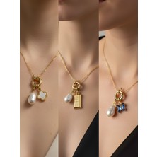 NKT Collection Mavi Kelebek Külçe Altın Beyaz Yonca Incili Kolye