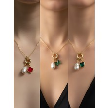 NKT Collection Zümrüt Yeşili Kalp Zümrüt Yeşili Kelebek Kırmızı Yonca Incili Kolye
