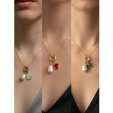 NKT Collection Kırmızı Kalp Zümrüt Yeşili Kelebek Turkuaz Kalp Incili Kolye