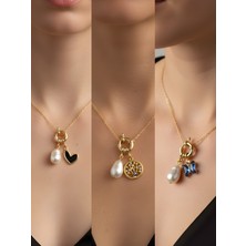 NKT Collection Mavi Kelebek Hayat Ağacı Siyah Kalp Incili Kolye