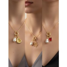 NKT Collection Kırmızı Kalp Güneş Deniz Kabuğu Incili Kolye