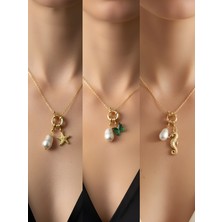 NKT Collection Deniz Atı Zümrüt Yeşili Kelebek Deniz Yıldızı Incili Kolye