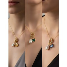 NKT Collection Zümrüt Yeşili Kalp Mavi Kelebek Midye Incili Kolye