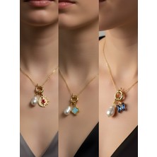 NKT Collection Mavi Kelebek Turkuaz Yonca Ay Güneş Incili Kolye