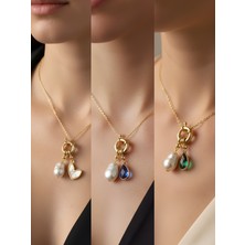 NKT Collection Mavi Damla Zümrüt Yeşili Damla Beyaz Kalp Incili Kolye