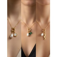 NKT Collection Deniz Atı Zümrüt Yeşili Kelebek Beyaz Yonca Incili Kolye