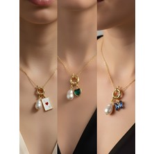 NKT Collection Zümrüt Yeşili Kalp Mavi Kelebek Kupa As Incili Kolye