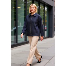 Benerly Kadın Gömlek Yaka Standart Kol Düz Desen Regular Kalıp Fermuarlı Ceket Fonksiyonel Estetik