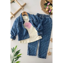 Miniğimin Cicileri Minimal Kalp Işleme  Detaylı Cepli Kız Çocuk Ceketli 3 Lü Takım - Koyu Mavi