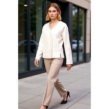 Benerly Kadın V Yaka Standart Kol Düz Desen Tüvit Ceket Fonksiyonel Dayanıklı Kaliteli Konforlu Şık