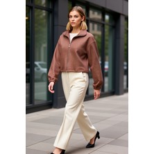 Benerly Kadın Dik Yaka Fermuarlı Düz Örme Süet Crop Ceket Fonksiyonel Dayanıklı Kaliteli Konforlu Şık