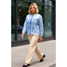 Benerly Kadın Bisiklet Yaka Düz Desen Oversize Kalıp %100 Pamuk Ceket Fonksiyonel Dayanıklı Modern