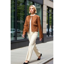 Benerly Kadın Bisiklet Yaka Uzun Kol Düz Desenli Crop Ceket Fonksiyonel Dayanıklı Kaliteli Estetik